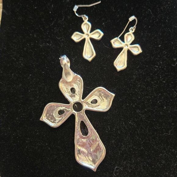 NWOT Cross Pendant + Earrings Silver Black - Picture 2 of 5